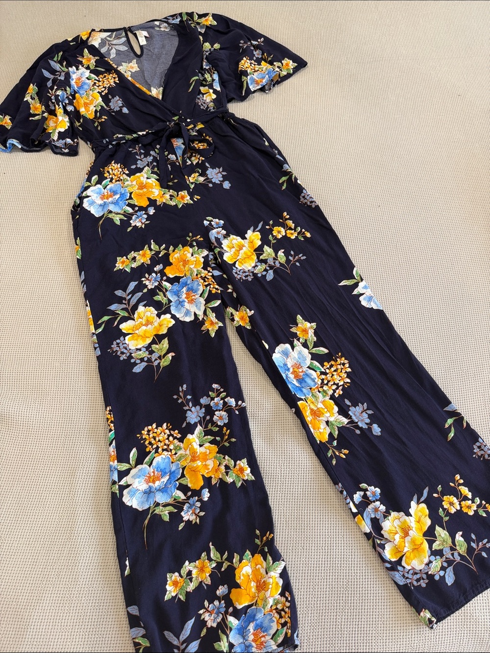 Band of Gypsies Navy Floral Wrap Jumpsuit with Yellow & Blue Blooms